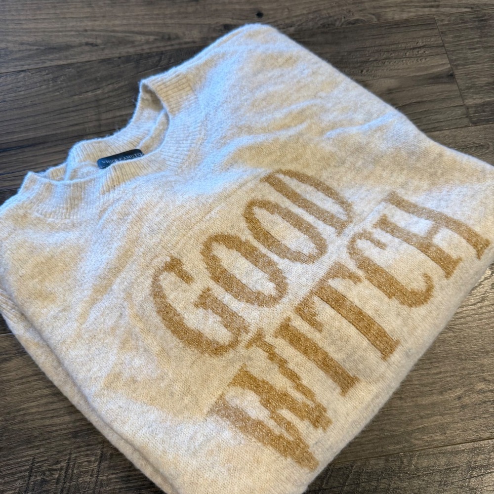 Vince Camuto Good Witch Oversized Sweater‎ XL Oatmeal Gold Metallic Graphic Knit